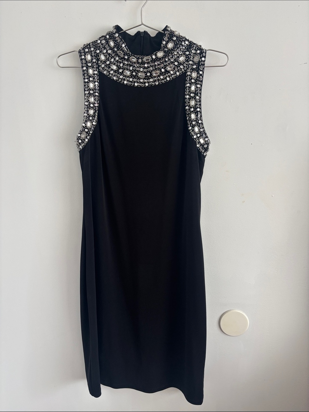 Joseph Ribkoff Black Midi Dress with Silver Beaded Neckline